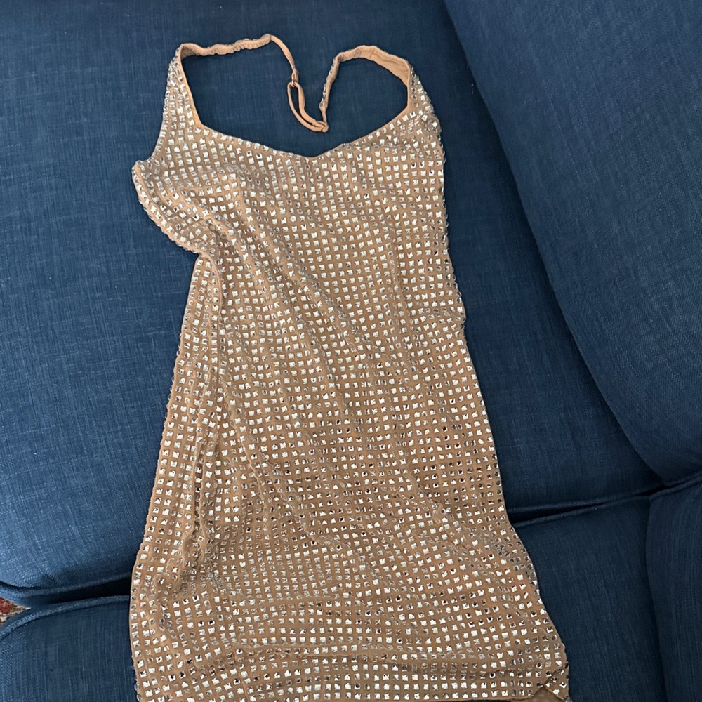 Oh Polly Tan and Silver Embellished Halter Mini Dress